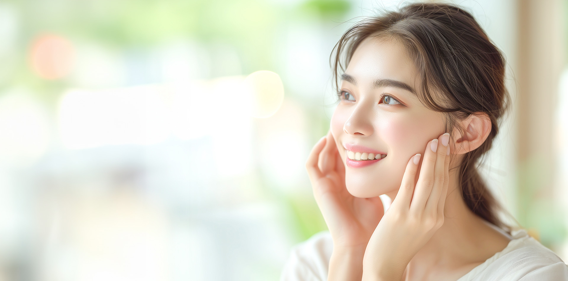 若い女性がなめらかな頬を手で触りながら笑顔で何かを見つめている様子