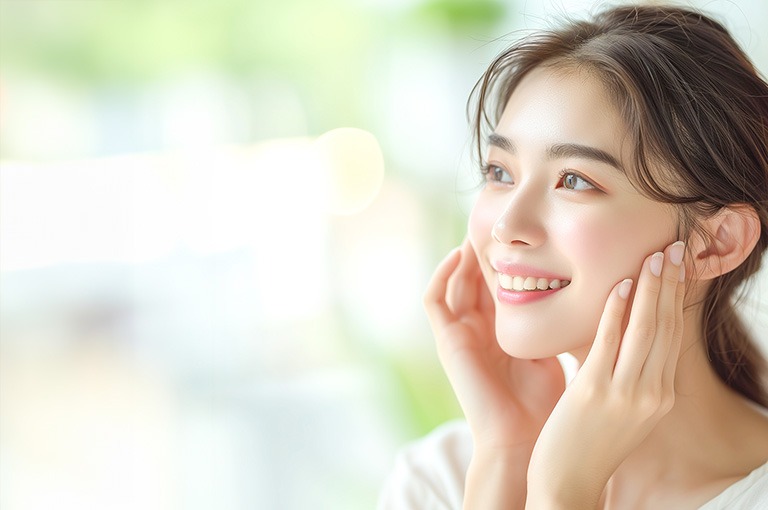 両手を頬にあて、笑顔を浮かべる女性